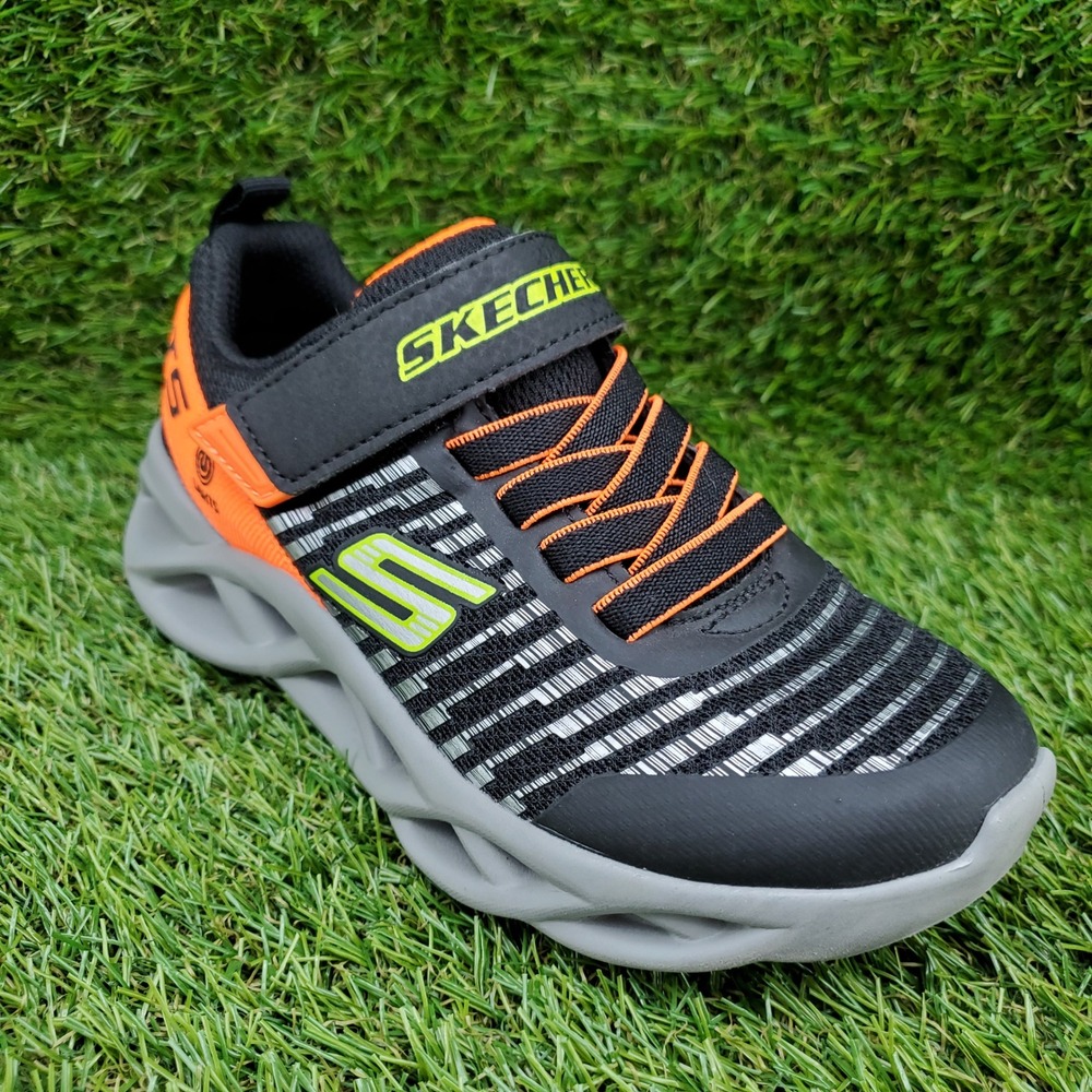 Skechers Twisty Brights Novlo SIZE 12 Boys S-Lights Light Up Shoes Black Orange